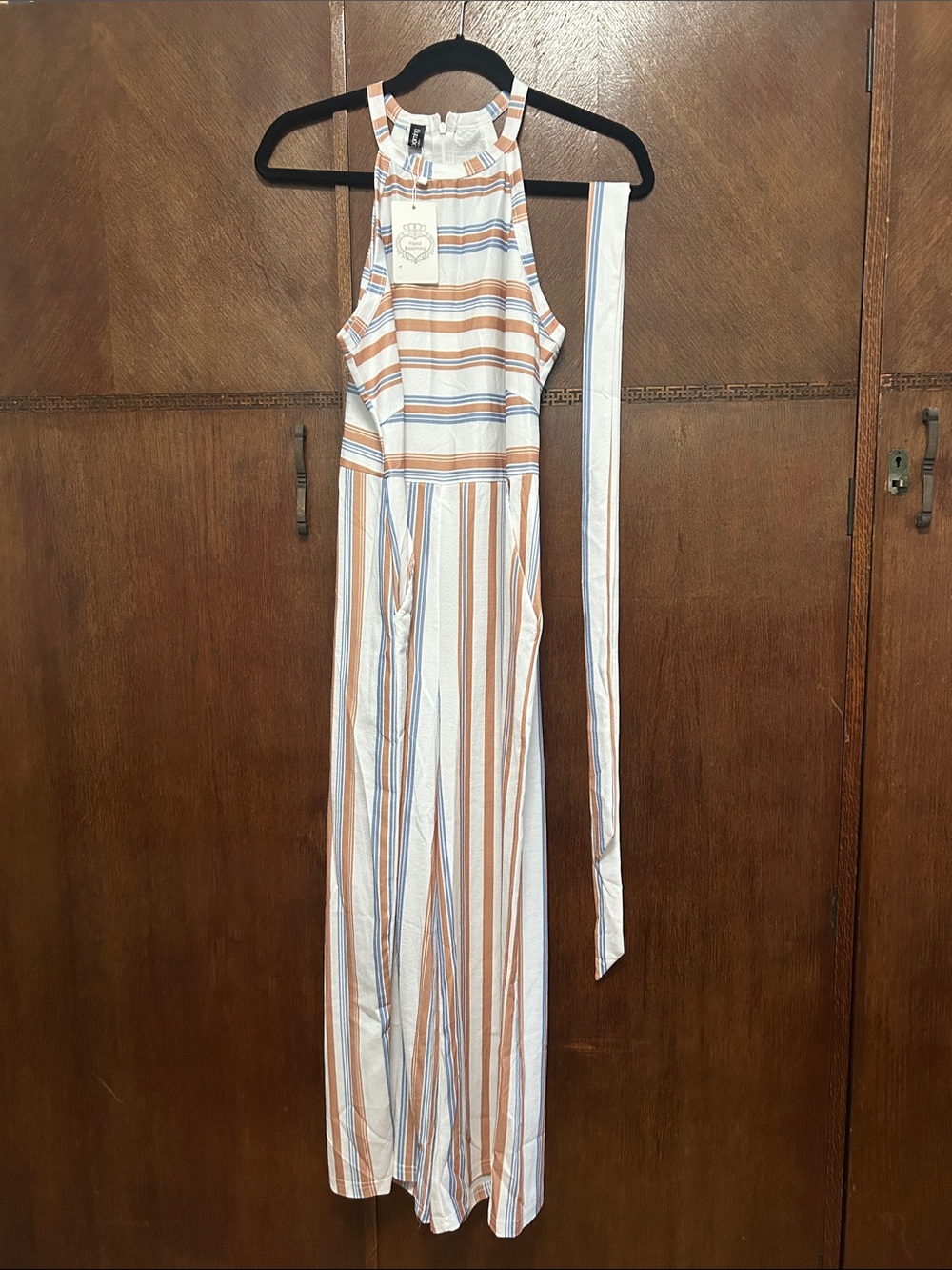 Floral Blooming halter jumpsuit cream with blue and rust-orange stripes size L